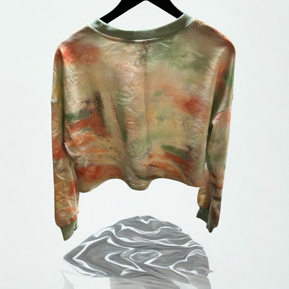 MOTF SHEIN Premium Cotton Abstract Watercolor Cropped Sweatshirt Green Orange M